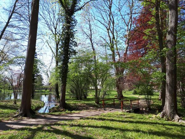 Schloßpark Seußlitz mit Blick auf Heinrichsburg