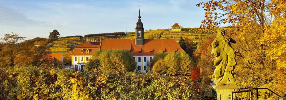 Blick von der Heinrichsburg auf den historischen Ortskern Seußlitz mit Schloss, Schlosspark, Schlosskirche und Luisenburg